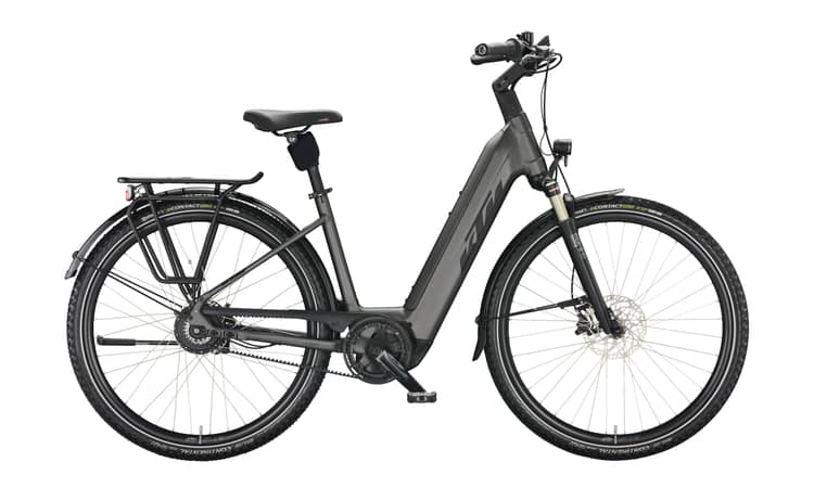 Electric bicycle KTM Macina City 710 with belt drive, in matte grey and black, isolated on a white background.