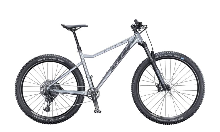 Mountain bike with silver frame and black detailing, 48cm size, on a white background.