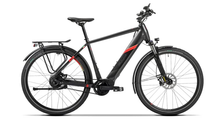 Modern Malaguti Carezza TR 52 e-bike with sleek black frame, red accents, and rear rack displayed on white background.